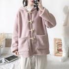 Toggle-button Hooded Fleece Coat Light Purple - One Size