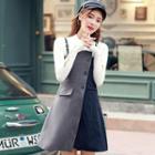 Set: Mock Neck Knit Top + Striped Panel Mini A-line Pinafore Dress