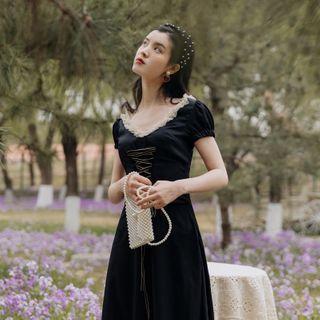 Lace Trim Puff-sleeve Lace-up Midi A-line Dress