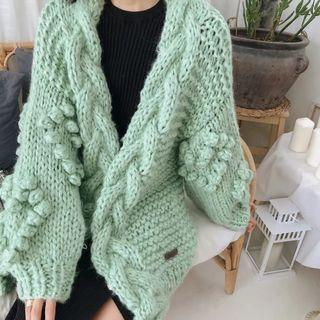 Pom Pom Accent Chunky Knit Cardigan