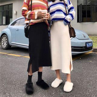Long Sleeve Striped Loose Sweater / Slit Knit A-line Skirt