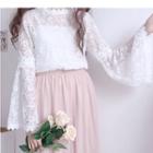 Set: Bell-sleeve Lace Blouse + Spaghetti Strap Top