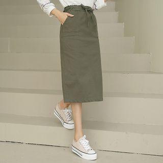 Drawstring Patch-pocket Long Skirt