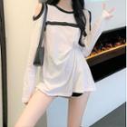 Long-sleeve Cold-shoulder Contrast Trim T-shirt White - One Size