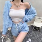 Set: Zip-up Cardigan + Shorts Set - Blue - One Size