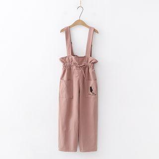 Band-waist Cat Embroidered Suspender Pants