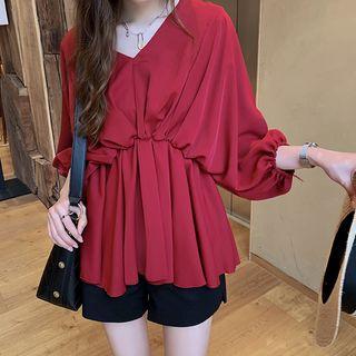 Lantern Sleeve V-neck Top