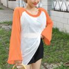 Color-block See-through Long-sleeve Knit Top
