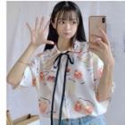 Elbow-sleeve Ribbon Printed Shirt With Ribbon - Fruit Print - One Size