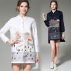 Mandarin Collar Embroidery Dip Back Shirtdress