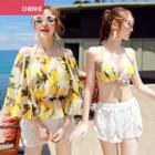 Set: Lemon Print Bikini + Off-shoulder Top + Lace Shorts