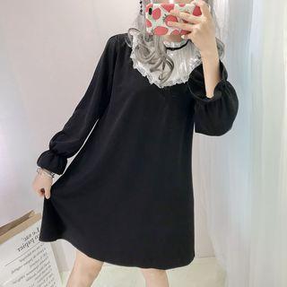 Lace Panel Long-sleeve A-line Dress Black - One Size