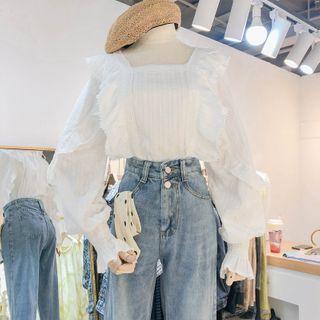 Ruffled Lantern-sleeve Blouse White - One Size