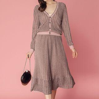 Set: V-neck Knitted Jacket + Knitted A-line Skirt