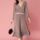 Set: V-neck Knitted Jacket + Knitted A-line Skirt