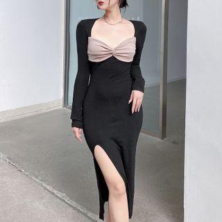 Long-sleeve Sweetheart Neckline Two-tone Slit Midi Bodycon Dress