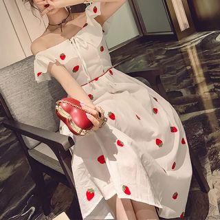 Strawberry Embroidered Off-shoulder Midi A-line Dress
