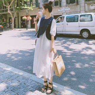 Set: Puff-sleeve Midi A-line Dress + Vest