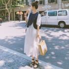 Set: Puff-sleeve Midi A-line Dress + Vest