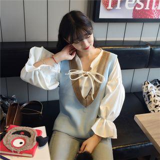 Plain Puff-sleeve Blouse / Color-block V-neck Knit Vest