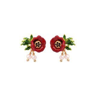 Fashion And Elegant Plated Gold Enamel Flower Earrings With Imitation Pearls Golden - One Size