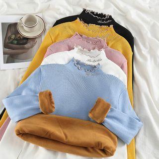 Fleece-lined Frilled Long-sleeve Knit Top