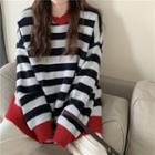 Drop Shoulder Striped Sweater / Plain Shawl