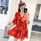 Floral Print V-neck Bell-sleeve A-line Dress