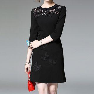 Butterfly Applique Lace Panel 3/4-sleeve A-line Dress