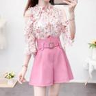 3/4-sleeve Floral Cold Shoulder Blouse / Shorts / Set