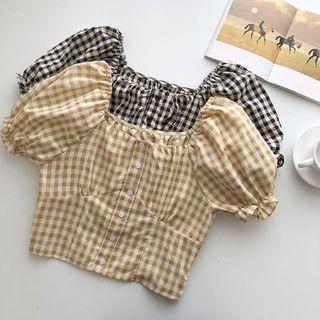 Short-sleeve Square-neck Two-tone Plaid Top