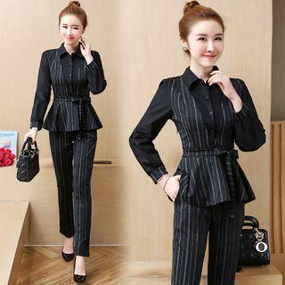 Set: Mock Two-piece Striped Long-sleeve Top + Pants
