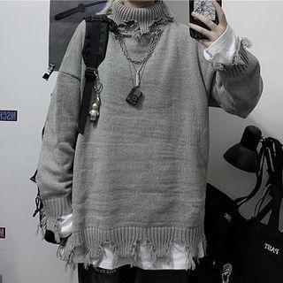 Plain Turtle-neck Loose-fit Long-sleeve Knit Top