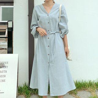 V-neck Balloon-sleeve Shirtdress With Cord