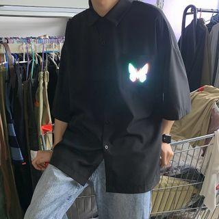 Couple Matching Butterfly Print Elbow-sleeve Shirt