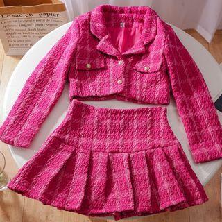 Set: Notch Lapel Plaid Cropped Jacket + Pleated Mini A-line Skirt