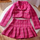 Set: Notch Lapel Plaid Cropped Jacket + Pleated Mini A-line Skirt