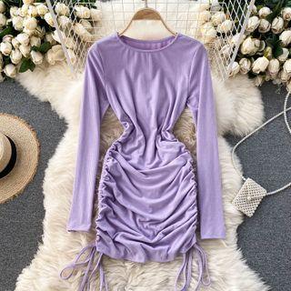 Plain Long-sleeve Drawstring Ruched Dress