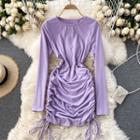 Plain Long-sleeve Drawstring Ruched Dress