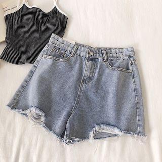 High-waist Frayed Cut Out Denim Shorts