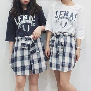 Mock Two Piece Plaid Hem Elbow Sleeve Dress