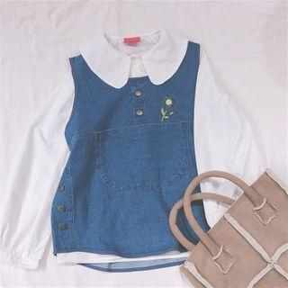 Flower Embroidered Denim Vest Vest - Blue - One Size