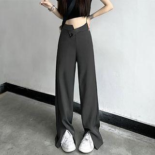 High Waist Asymmetrical Slit-front Wide-leg Dress Pants