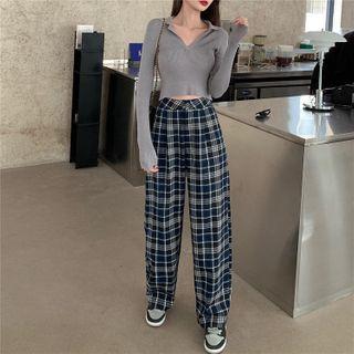 Polo-neck Knit Top / Plaid Wide Leg Pants