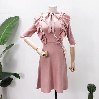 Ribbon-neckline Ruffled-trim Knit Dress