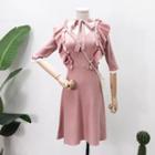 Ribbon-neckline Ruffled-trim Knit Dress