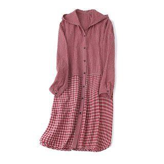 Long-sleeve Plaid Hooded Midi Dress Red - One Size