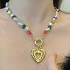 Heart Pendant Faux Pearl Alloy Necklace 2593a - White & Orange & Green & Gold - One Size
