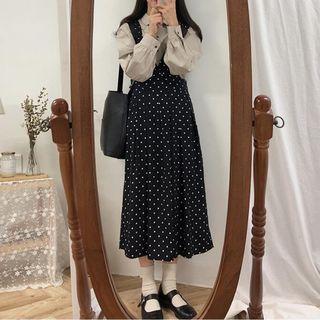 Plain Shirt / Dotted Midi Pinafore Dress