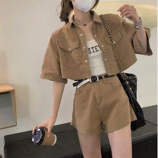 Set: Elbow-sleeve Pocket Detail Denim Cropped Jacket + Shorts